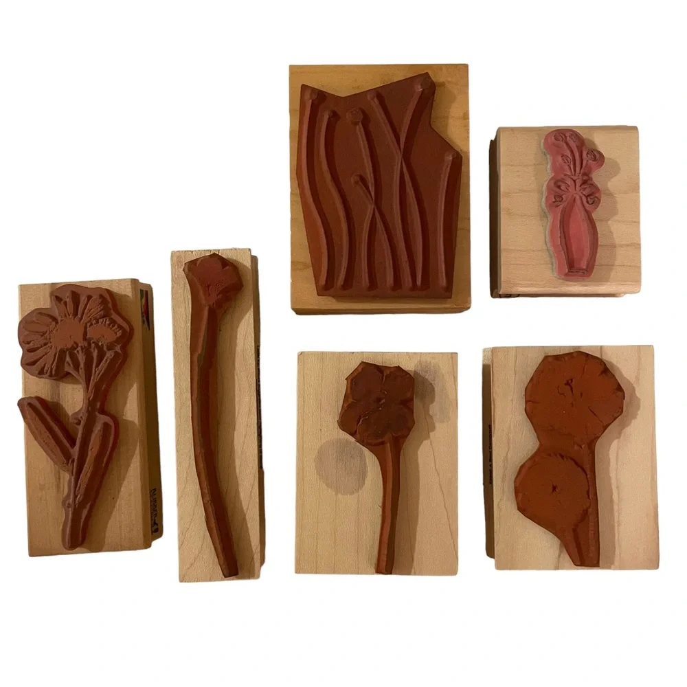 Flowers Stylish Real Impressions 6 Wood Block Rubber Stamps Medium Mixed Lot